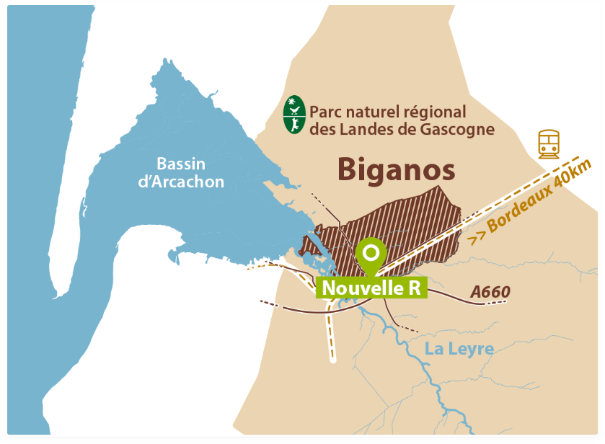 Carte Plan de situation Biganos et quartier nouvelle R, bassin d'arcachon